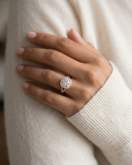 1 1/2ctw Round Diamond Square Halo Engagement With Pave Split Shank In 14k Rose Gold, Igi-certified — editorial close-up