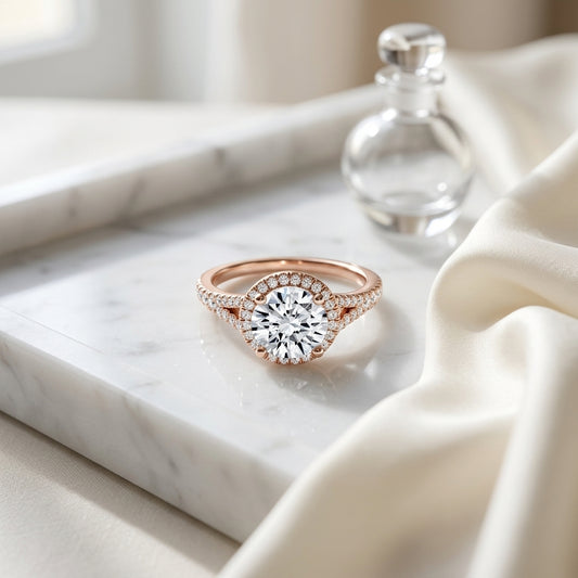 1 1/4ctw Round Diamond Halo Engagement Ring With Scroll Gallery In 14k Rose Gold, Igi-certified — atelier still life