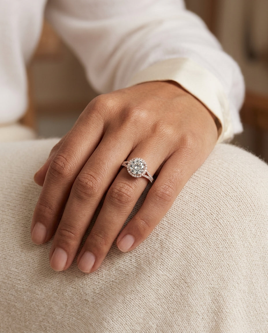 1 1/4ctw Round Diamond Halo Engagement Ring With Scroll Gallery In 14k Rose Gold, Igi-certified — editorial close-up
