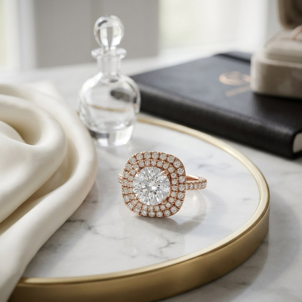 1 3/8ctw Round Diamond Double Entourage Engagement Ring With 2 Row Shank In 14k Rose Gold, Igi-certified — atelier still life
