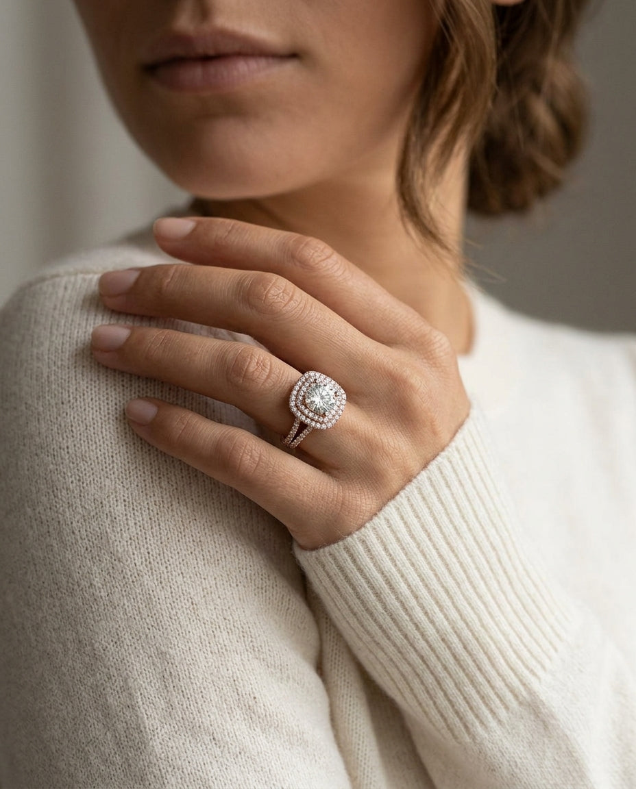 1 3/8ctw Round Diamond Double Entourage Engagement Ring With 2 Row Shank In 14k Rose Gold, Igi-certified — editorial close-up