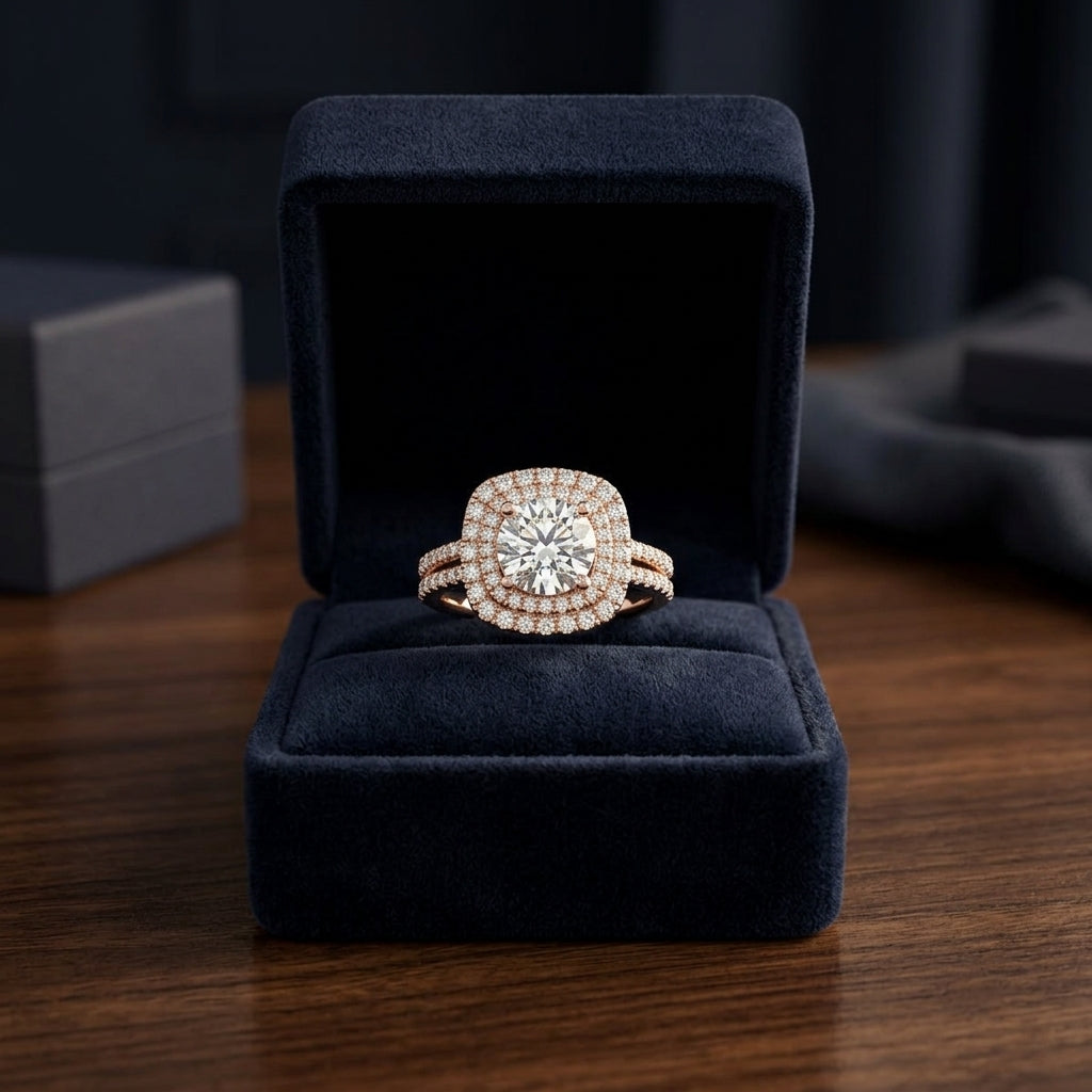 1 3/8ctw Round Diamond Double Entourage Engagement Ring With 2 Row Shank In 14k Rose Gold, Igi-certified — gift presentation