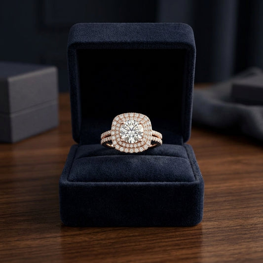 1 3/8ctw Round Diamond Double Entourage Engagement Ring With 2 Row Shank In 14k Rose Gold, Igi-certified — gift presentation