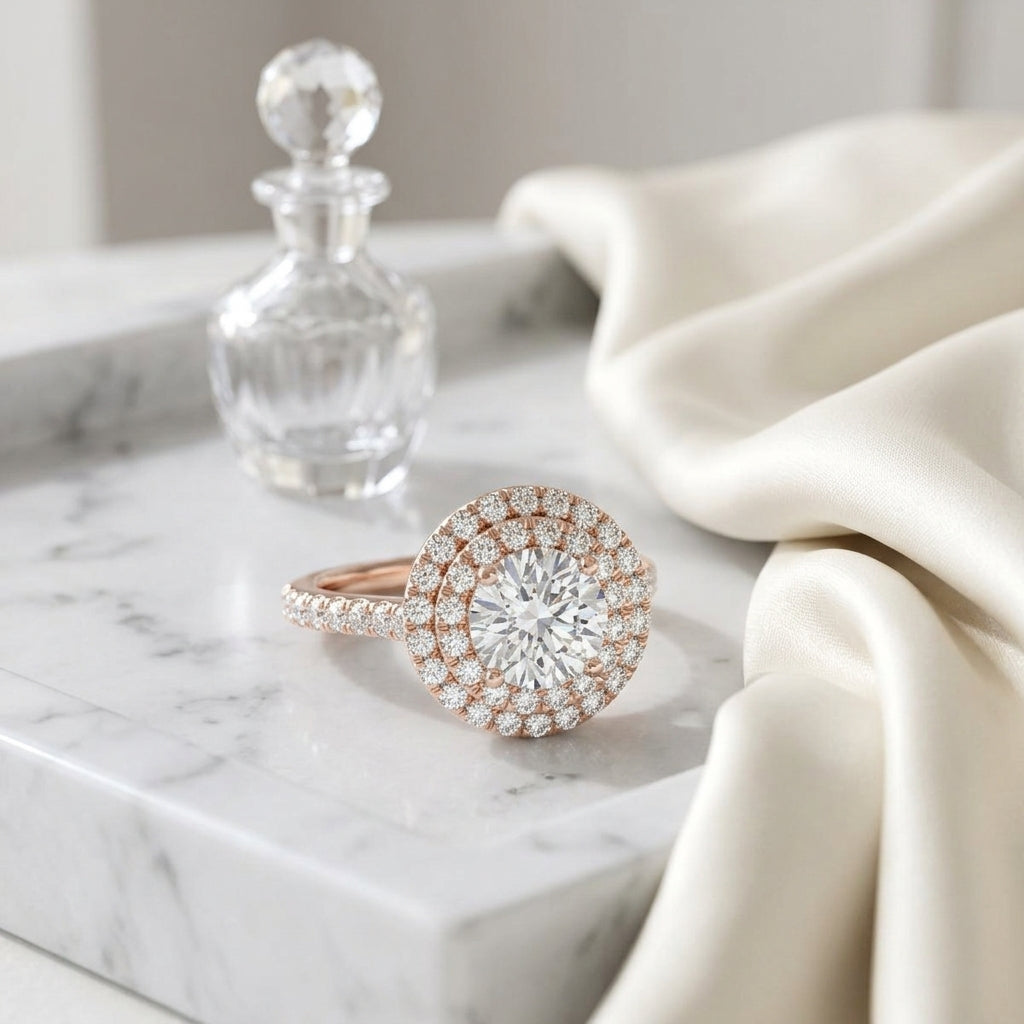 1 3/4ctw Round Diamond Double Entourage Engagement Ring In 14k Rose Gold, Igi-certified — atelier still life