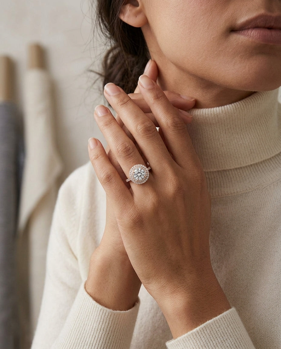 1 3/4ctw Round Diamond Double Entourage Engagement Ring In 14k Rose Gold, Igi-certified — editorial close-up