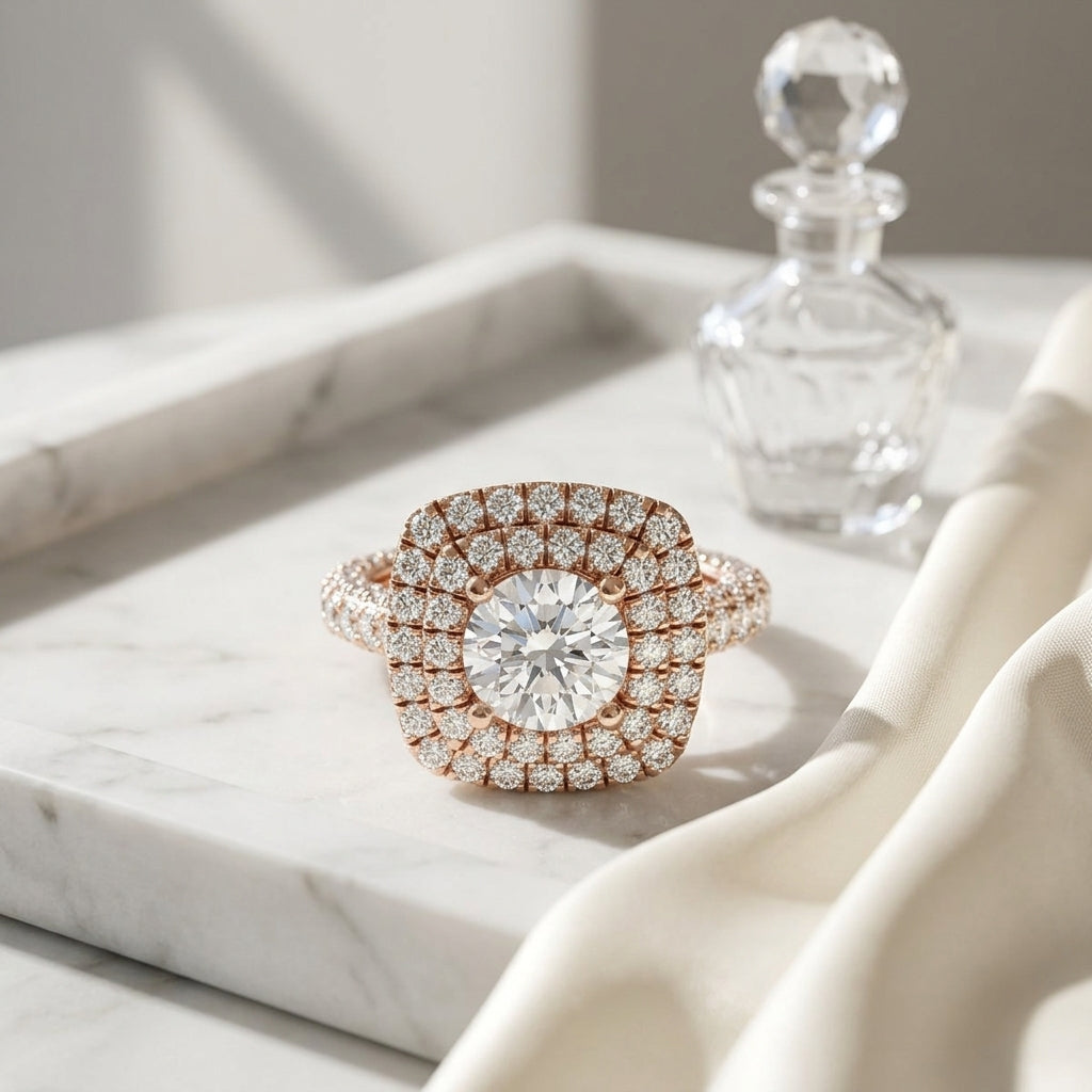 3 1/6ctw Round Diamond, Double Square Halo Engagement Ring With Pave Shank In 14k Rose Gold, Igi-certified — atelier still life