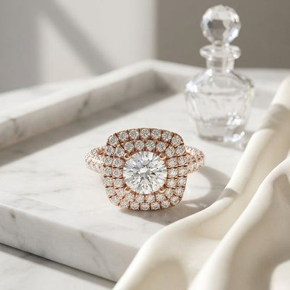 3 1/6ctw Round Diamond, Double Square Halo Engagement Ring With Pave Shank In 14k Rose Gold, Igi-certified — atelier still life
