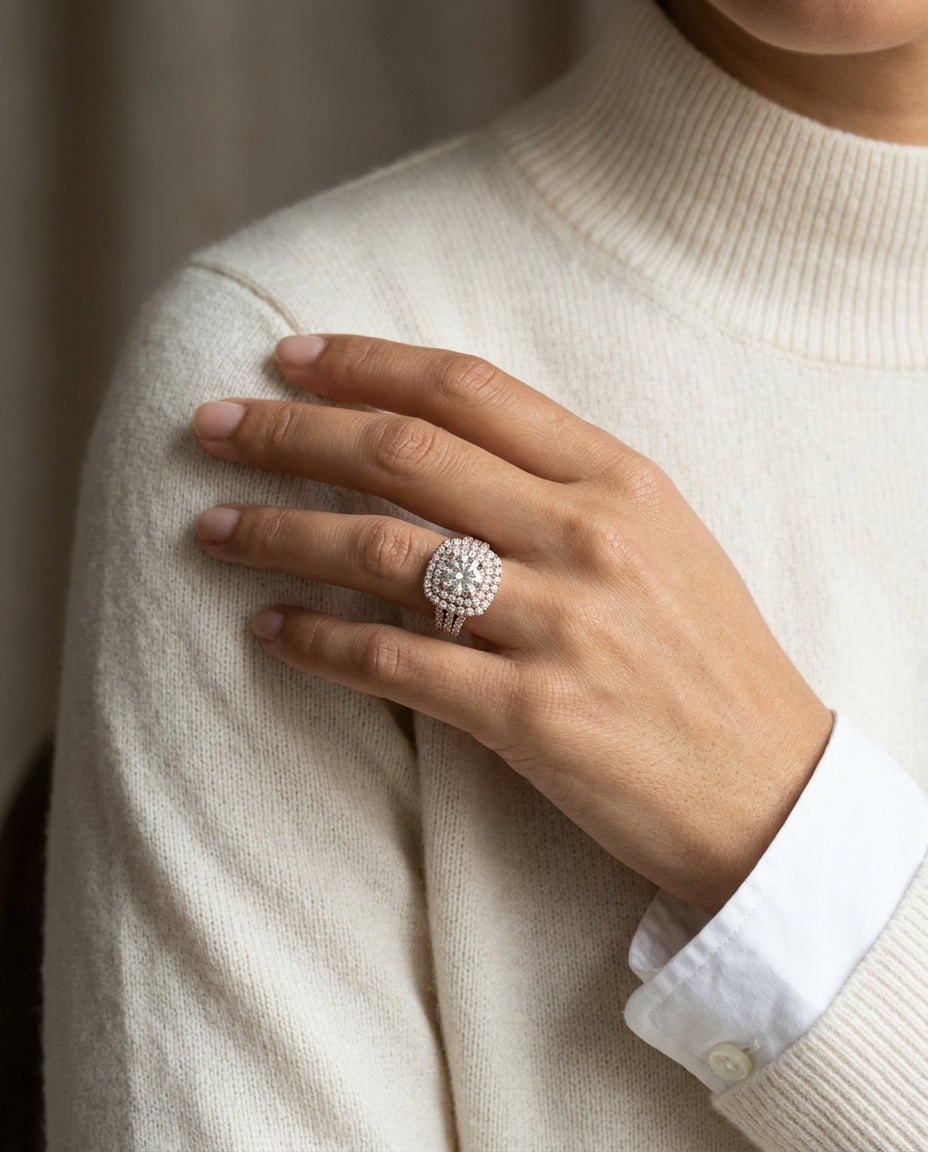 3 1/6ctw Round Diamond, Double Square Halo Engagement Ring With Pave Shank In 14k Rose Gold, Igi-certified — editorial close-up
