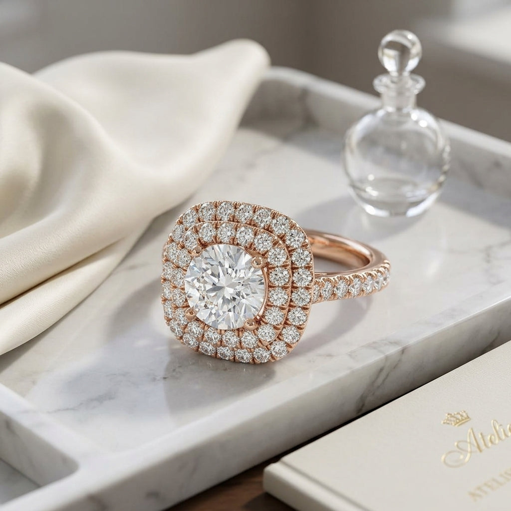 1 9/10ctw Round Diamond Double Entourage Engagement Ring With Pave Shank In 14k Rose Gold, Igi-certified — atelier still life