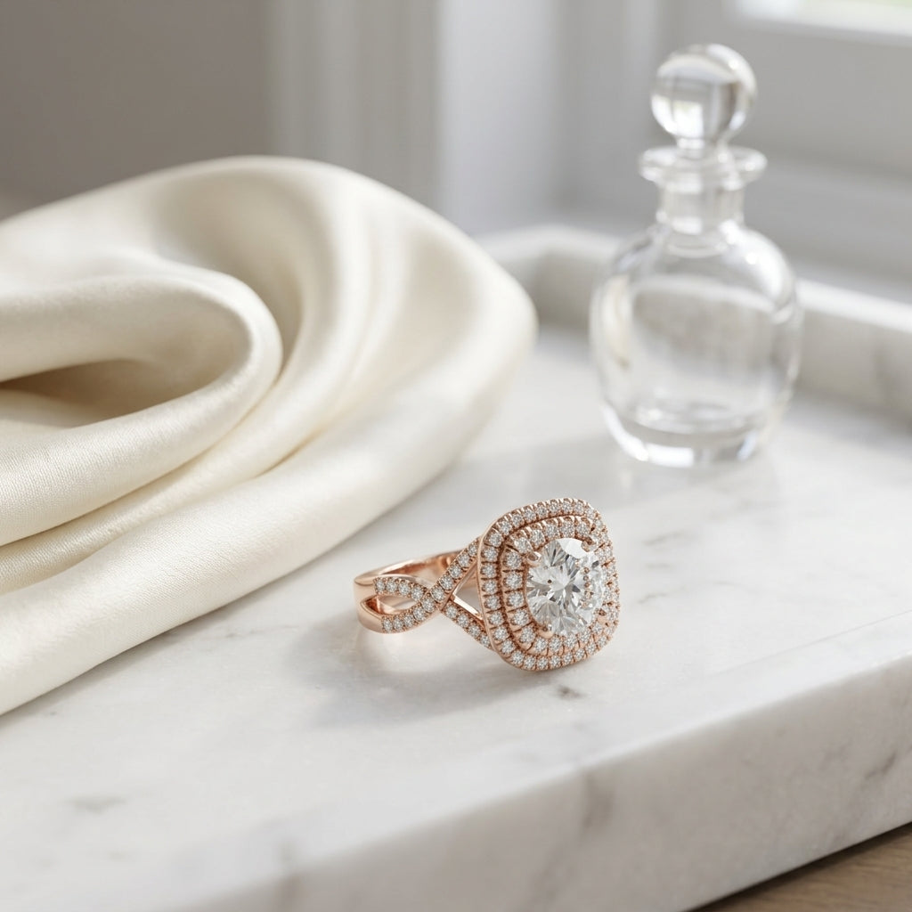 1 5/8ctw Round Double Square Halo Infinity Shank Ring In 14k Rose Gold, Igi-certified — atelier still life