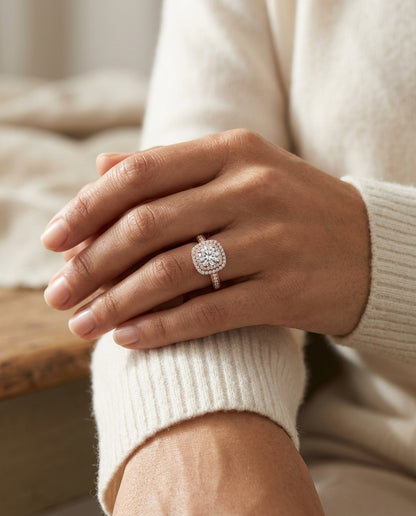 1 2/3ctw Round Diamond Double Square Halo Engagement Ring With Channel Set  Shank In 14k Rose Gold, Igi-certified — editorial close-up