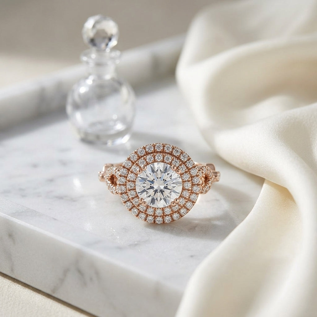 1 1/2ctw Round Diamond Double Halo Engagement Ring With Tear Drop Detail Shank In 14k Rose Gold, Igi-certified — atelier still life