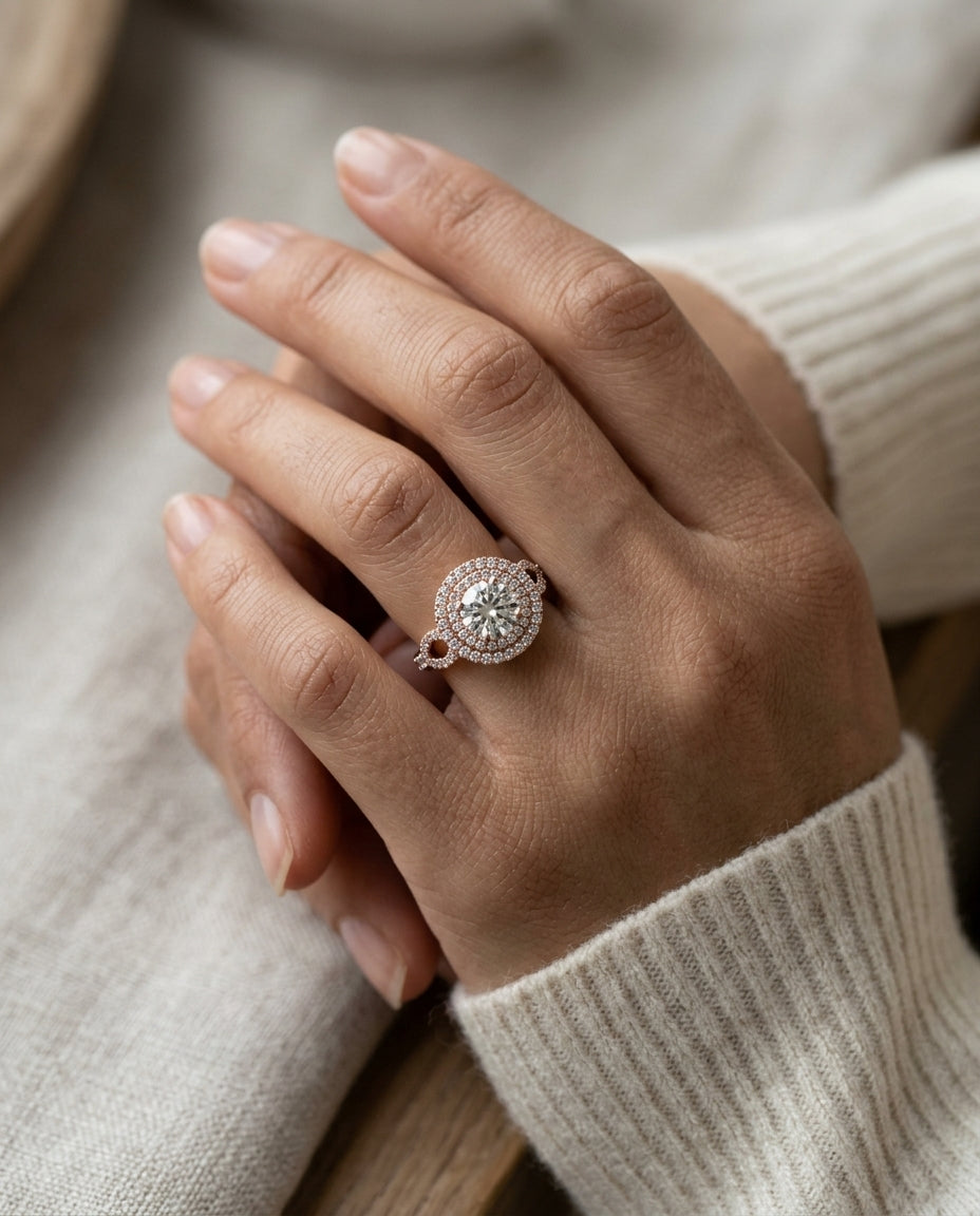 1 1/2ctw Round Diamond Double Halo Engagement Ring With Tear Drop Detail Shank In 14k Rose Gold, Igi-certified — editorial close-up
