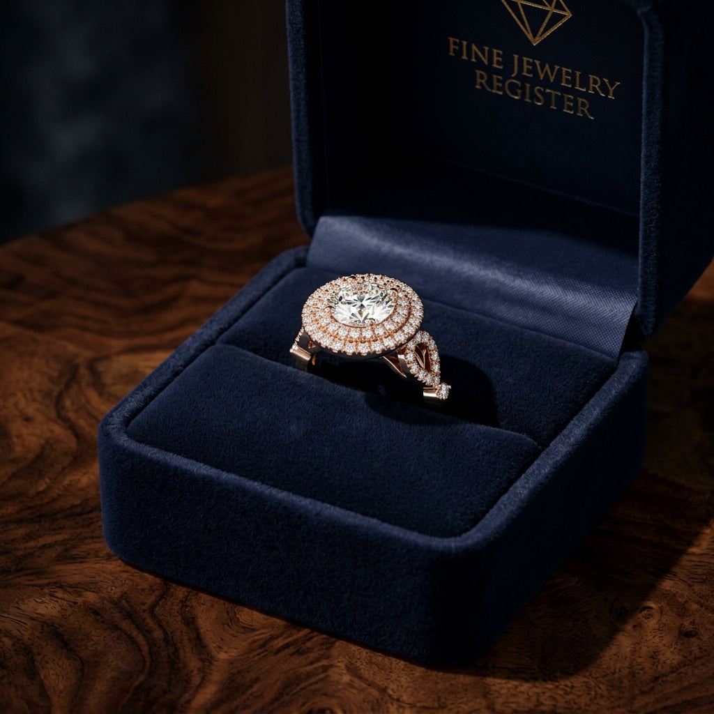1 1/2ctw Round Diamond Double Halo Engagement Ring With Tear Drop Detail Shank In 14k Rose Gold, Igi-certified — gift presentation