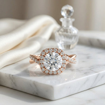 1 3/8ctw Round Diamond Halo Engagement Ring With Twist Shank In 14k Rose Gold, Igi-certified — atelier still life