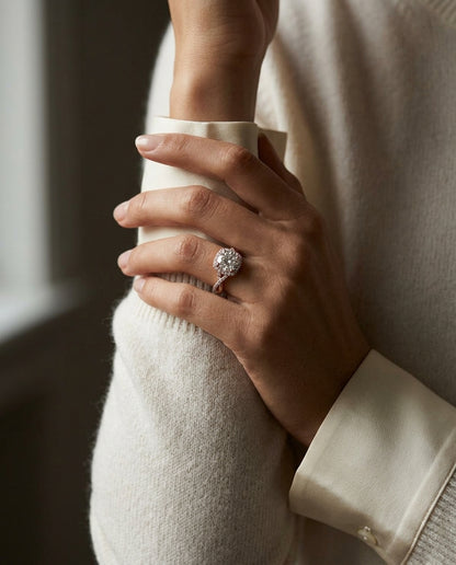 1 3/8ctw Round Diamond Halo Engagement Ring With Twist Shank In 14k Rose Gold, Igi-certified — editorial close-up