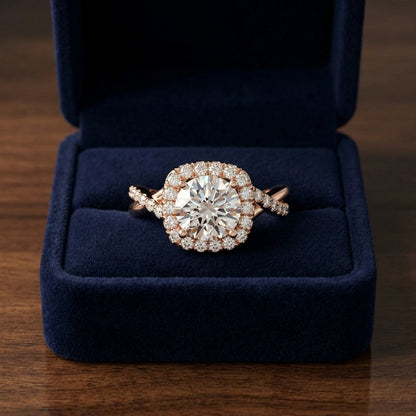1 3/8ctw Round Diamond Halo Engagement Ring With Twist Shank In 14k Rose Gold, Igi-certified — gift presentation