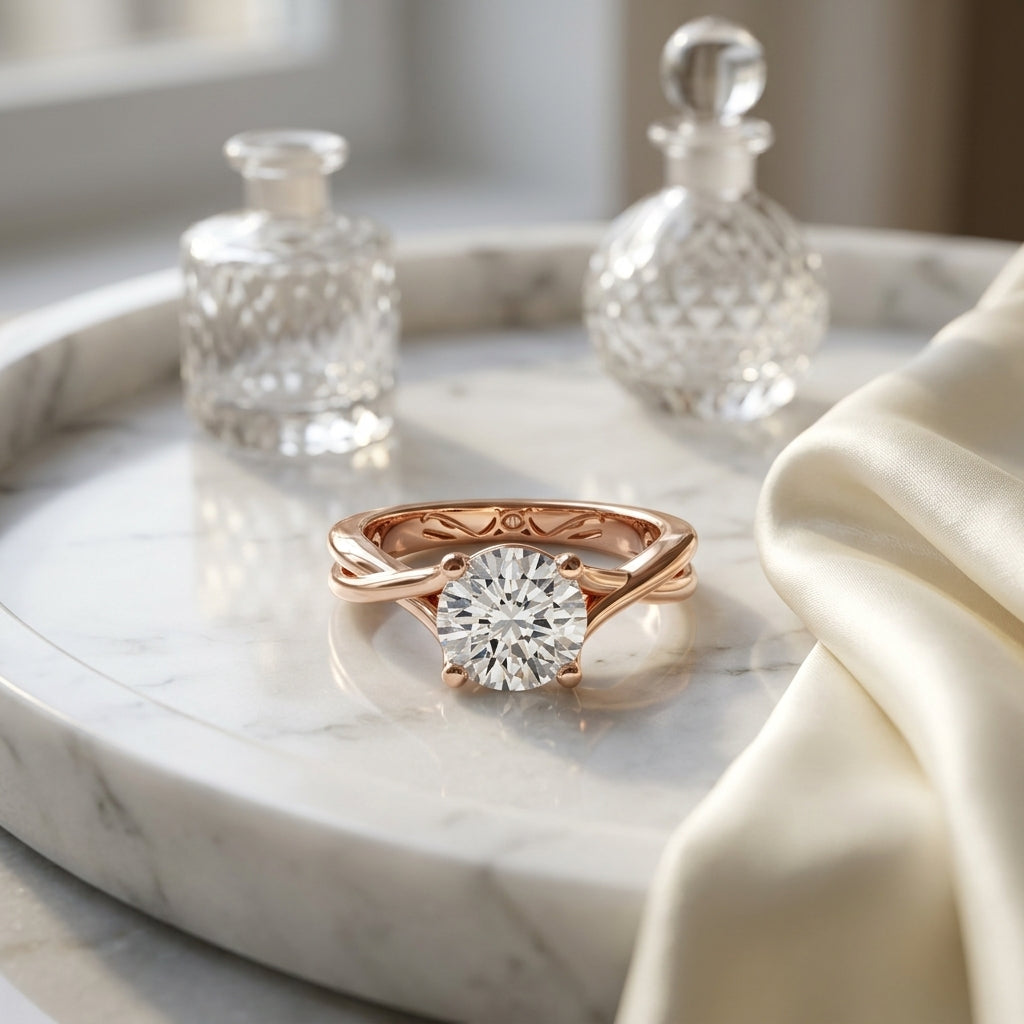 1ct Round Diamond Solitaire Engagement Ring With Trellis Basket In 14k Rose Gold, Igi-certified — atelier still life