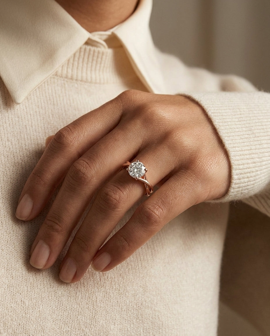 1ct Round Diamond Solitaire Engagement Ring With Trellis Basket In 14k Rose Gold, Igi-certified — editorial close-up