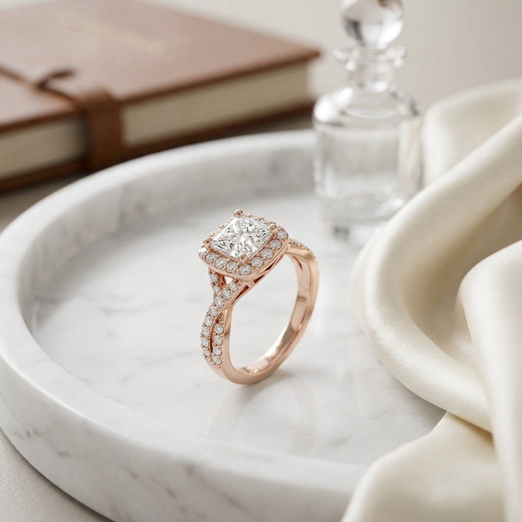 1 3/8ctw Round Diamond Square Halo Engagement Ring With Twisted Pave Shank In 14k Rose Gold, Igi-certified - — atelier still life