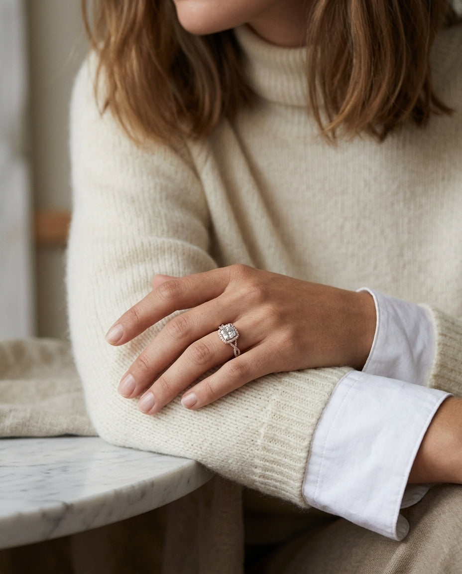 1 3/8ctw Round Diamond Square Halo Engagement Ring With Twisted Pave Shank In 14k Rose Gold, Igi-certified - — editorial close-up