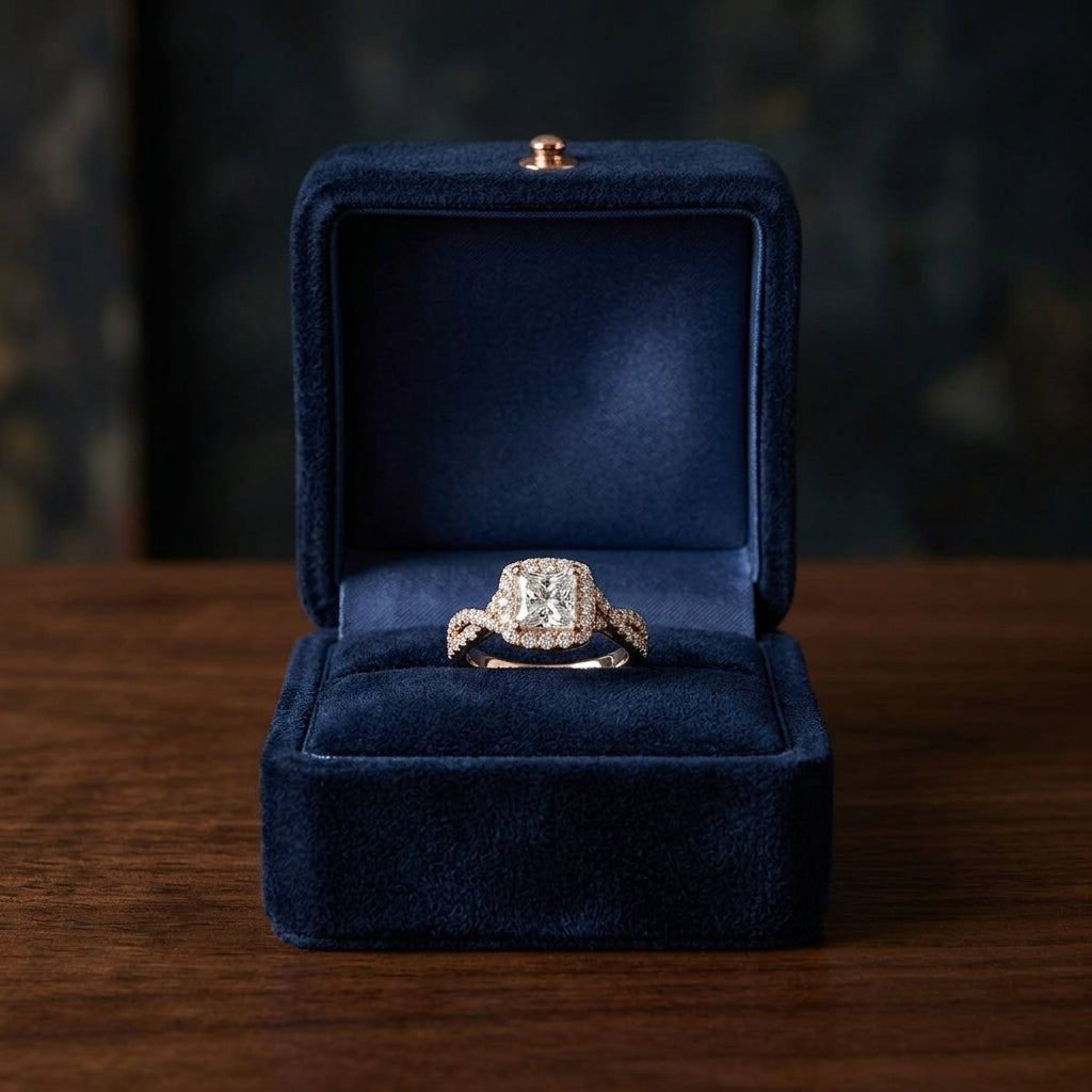 1 3/8ctw Round Diamond Square Halo Engagement Ring With Twisted Pave Shank In 14k Rose Gold, Igi-certified - — gift presentation