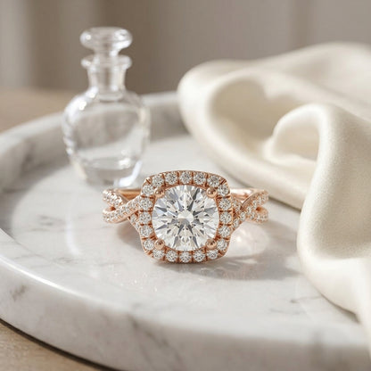 1 3/8ctw Round Diamond Square Halo Engagement Ring With Twisted Pave Shank In 14k Rose Gold, Igi-certified — atelier still life