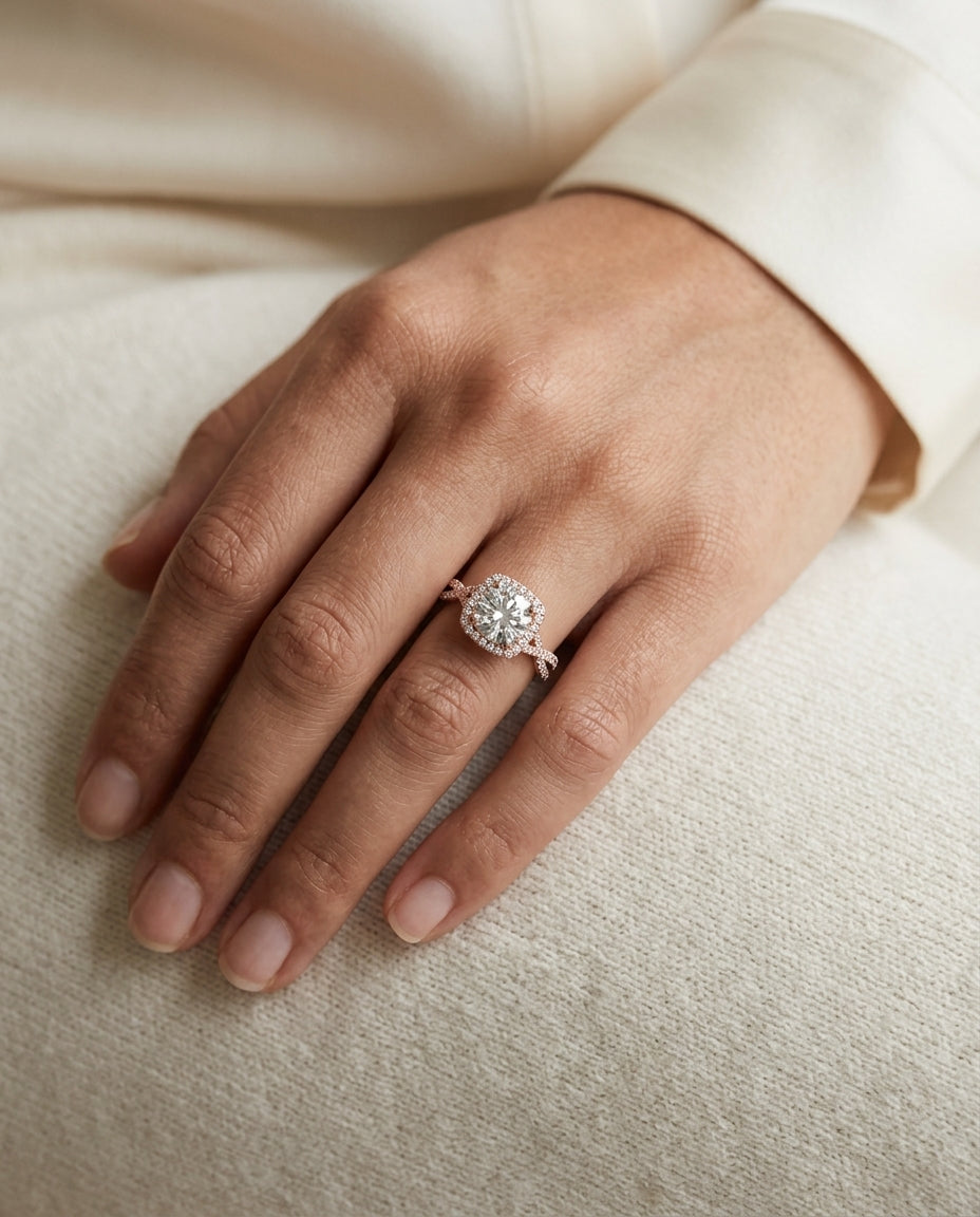 1 3/8ctw Round Diamond Square Halo Engagement Ring With Twisted Pave Shank In 14k Rose Gold, Igi-certified — editorial close-up