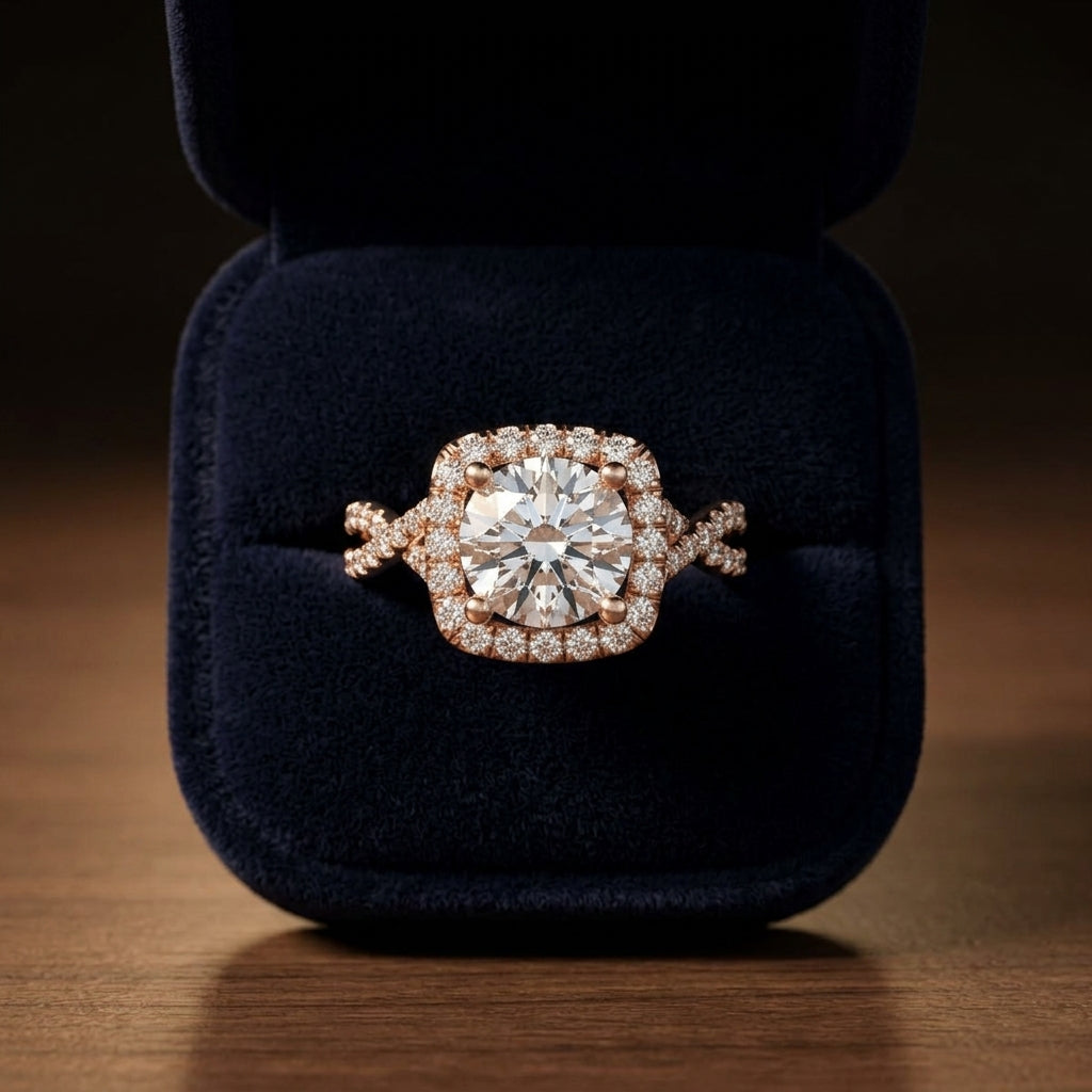 1 3/8ctw Round Diamond Square Halo Engagement Ring With Twisted Pave Shank In 14k Rose Gold, Igi-certified — gift presentation