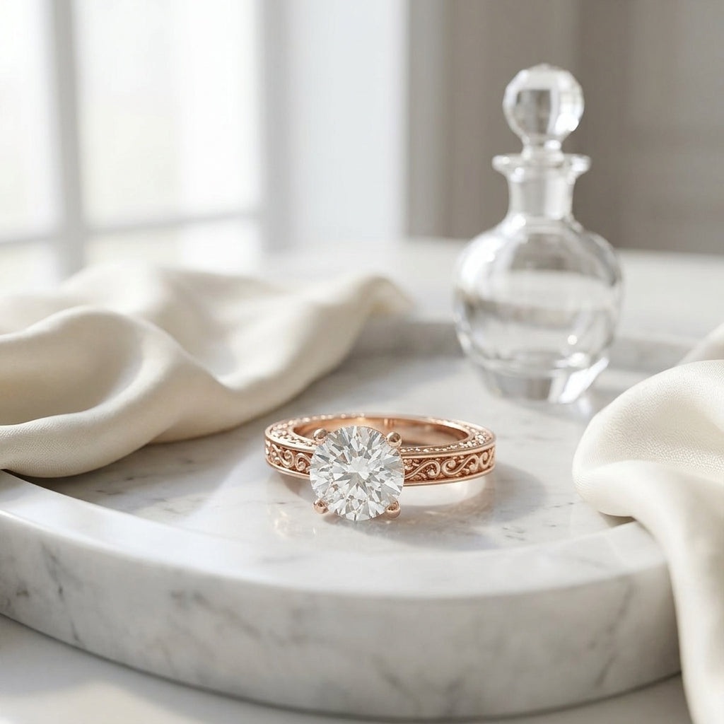 1ct Round Diamond Solitaire Engagement Ring With Scroll Detail Shank In 14k Rose Gold, Igi-certified — atelier still life