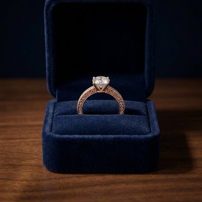 1ct Round Diamond Solitaire Engagement Ring With Scroll Detail Shank In 14k Rose Gold, Igi-certified — gift presentation
