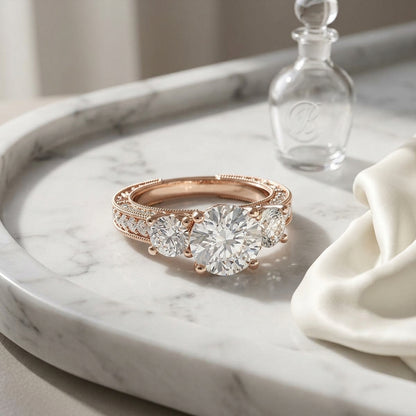1 7/8ctw Round 3 Stone Engagement Ring With Diamond Pave Shank In 14k Rose Gold, Igi-certified — atelier still life