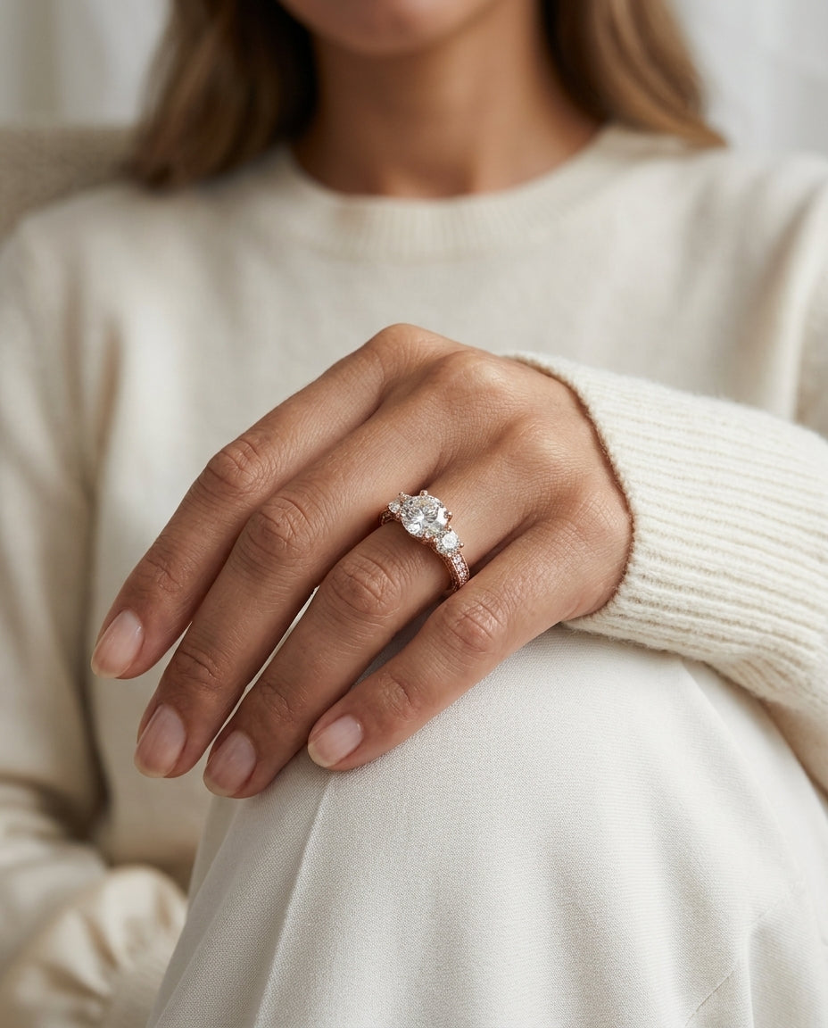 1 7/8ctw Round 3 Stone Engagement Ring With Diamond Pave Shank In 14k Rose Gold, Igi-certified — editorial close-up