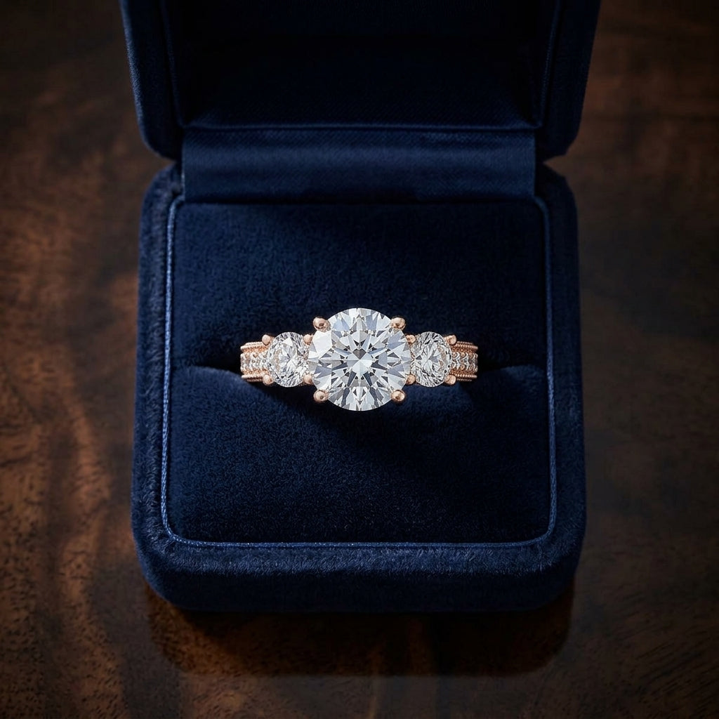 1 7/8ctw Round 3 Stone Engagement Ring With Diamond Pave Shank In 14k Rose Gold, Igi-certified — gift presentation