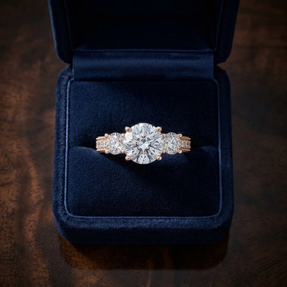1 7/8ctw Round 3 Stone Engagement Ring With Diamond Pave Shank In 14k Rose Gold, Igi-certified — gift presentation