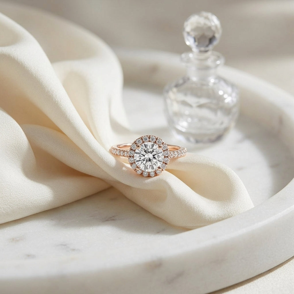 1 3/8ctw Round Diamond Halo Engagement Ring With Pave Shank In 14k Rose Gold, Igi-certified — atelier still life