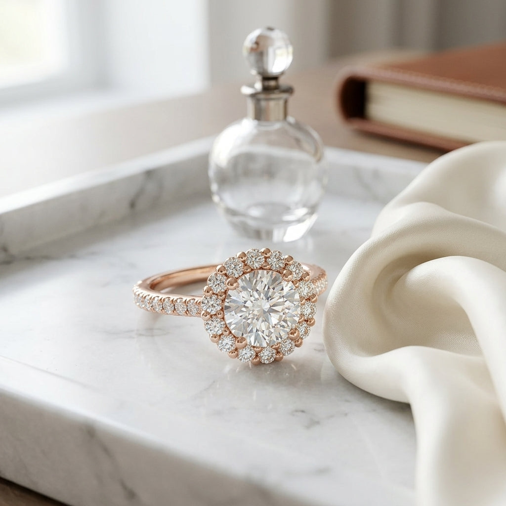 1 5/8ctw Round Diamond Halo Engagement Ring With Pave Shank In 14k Rose Gold, Igi-certified — atelier still life