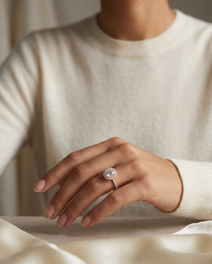 1 5/8ctw Round Diamond Halo Engagement Ring With Pave Shank In 14k Rose Gold, Igi-certified — editorial close-up