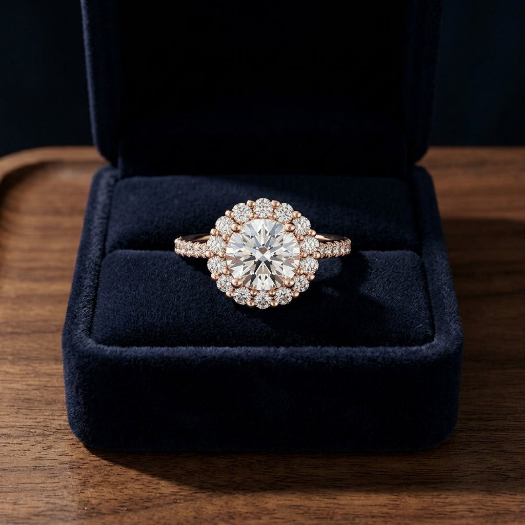 1 5/8ctw Round Diamond Halo Engagement Ring With Pave Shank In 14k Rose Gold, Igi-certified — gift presentation