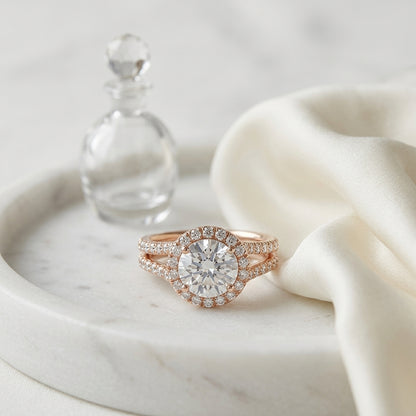 1 7/8ctw Round Diamond Halo Engagement Ring With A Split Shank In 14k Rose Gold, Igi-certified — atelier still life