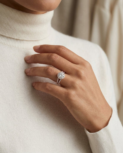 1 7/8ctw Round Diamond Halo Engagement Ring With A Split Shank In 14k Rose Gold, Igi-certified — editorial close-up