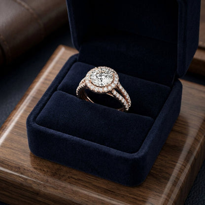 1 7/8ctw Round Diamond Halo Engagement Ring With A Split Shank In 14k Rose Gold, Igi-certified — gift presentation