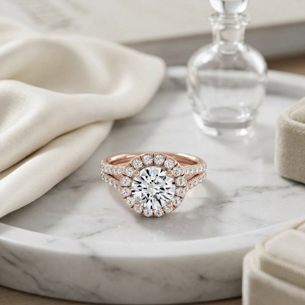 1 2/3ctw Round Diamond Halo Engagement Ring With A Split Shank In 14k Rose Gold, Igi-certified — atelier still life