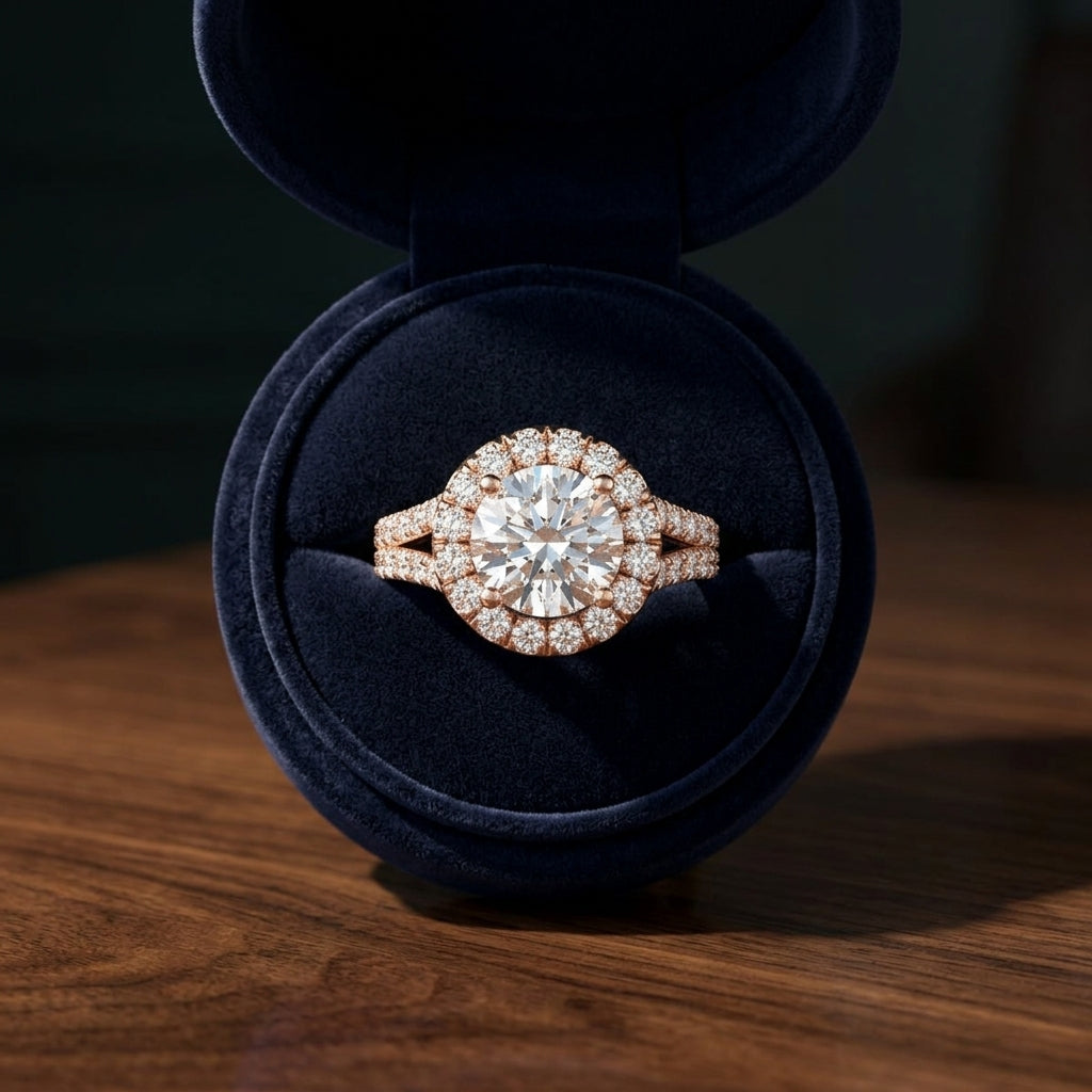1 2/3ctw Round Diamond Halo Engagement Ring With A Split Shank In 14k Rose Gold, Igi-certified — gift presentation