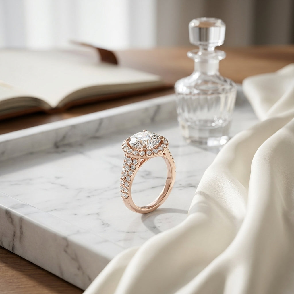 1 1/2ctw Round Diamond Halo Engagement Ring With Semi-split Shank In 14k Rose Gold, Igi-certified — atelier still life