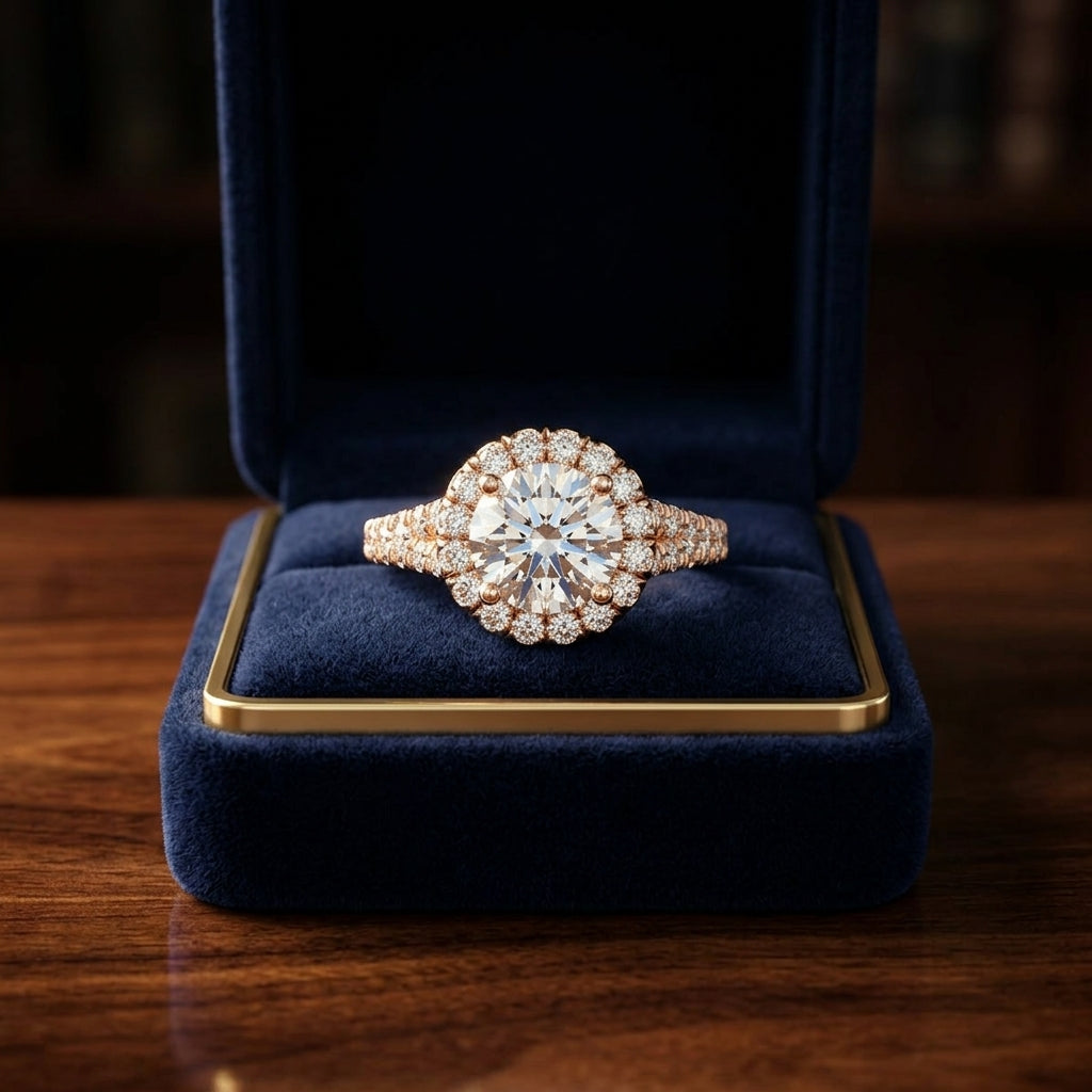 1 1/2ctw Round Diamond Halo Engagement Ring With Semi-split Shank In 14k Rose Gold, Igi-certified — gift presentation