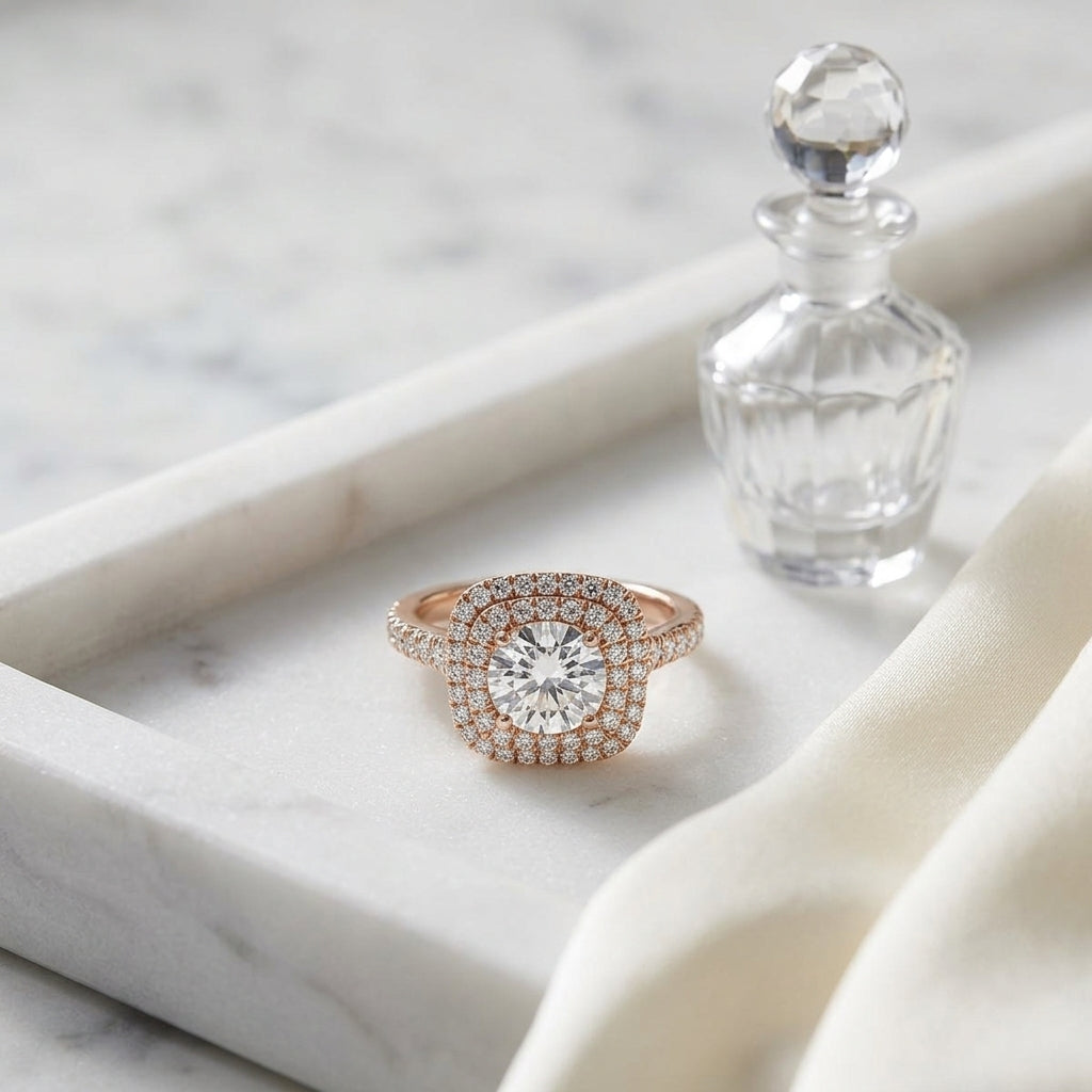 1 1/2ctw Round Diamond Double Square Halo Engagement Ring With Pave Shank In 14k Rose Gold, Igi-certified — atelier still life