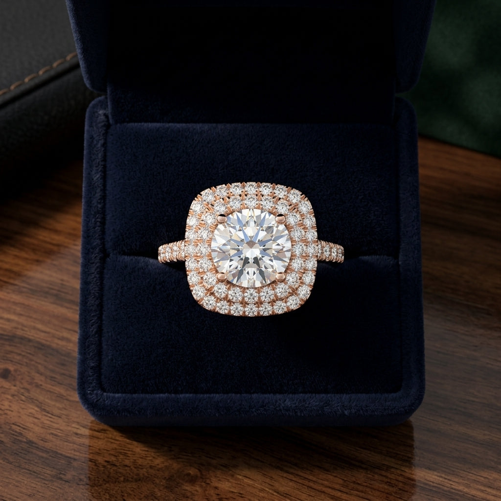 1 1/2ctw Round Diamond Double Square Halo Engagement Ring With Pave Shank In 14k Rose Gold, Igi-certified — gift presentation