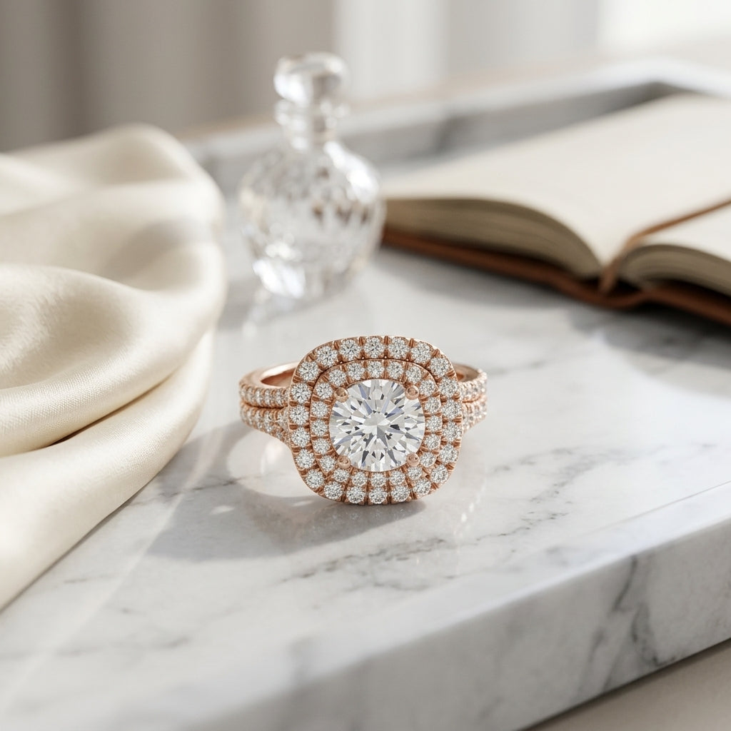1 4/5ctw Round Diamond Double Square Halo Engagement Ring With Pave Split Shank In 14k Rose Gold, Igi-certified — atelier still life