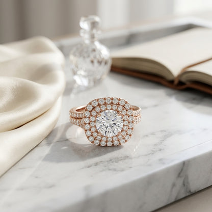 1 4/5ctw Round Diamond Double Square Halo Engagement Ring With Pave Split Shank In 14k Rose Gold, Igi-certified — atelier still life